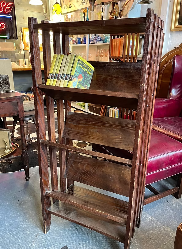
Lean to Bookcase:
Oak arts and crafts bookcase.
4ft. 
($225)