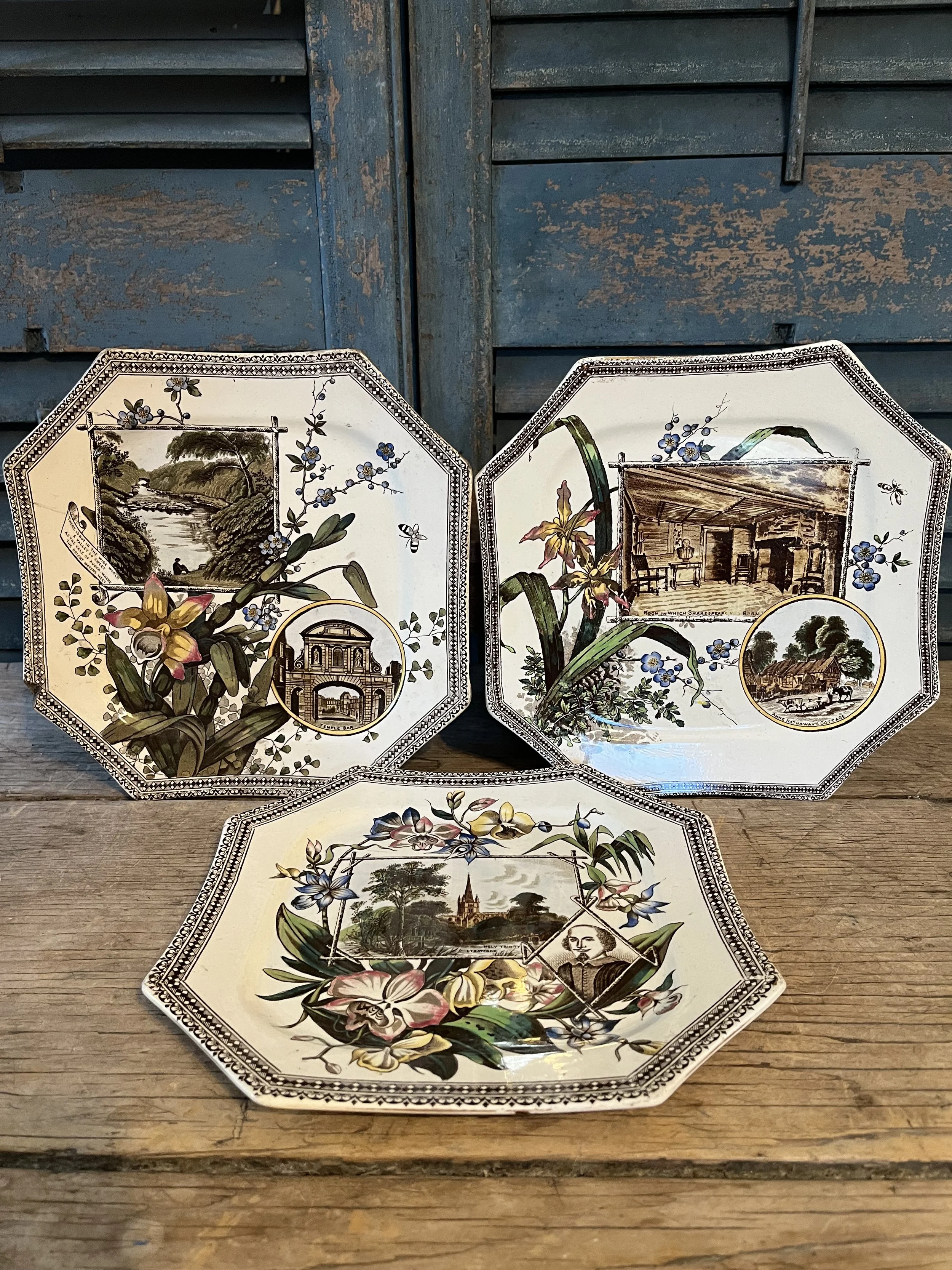 Set of three victorian transferware plates.  Some damage to one- does not detract.  ($65 for three)