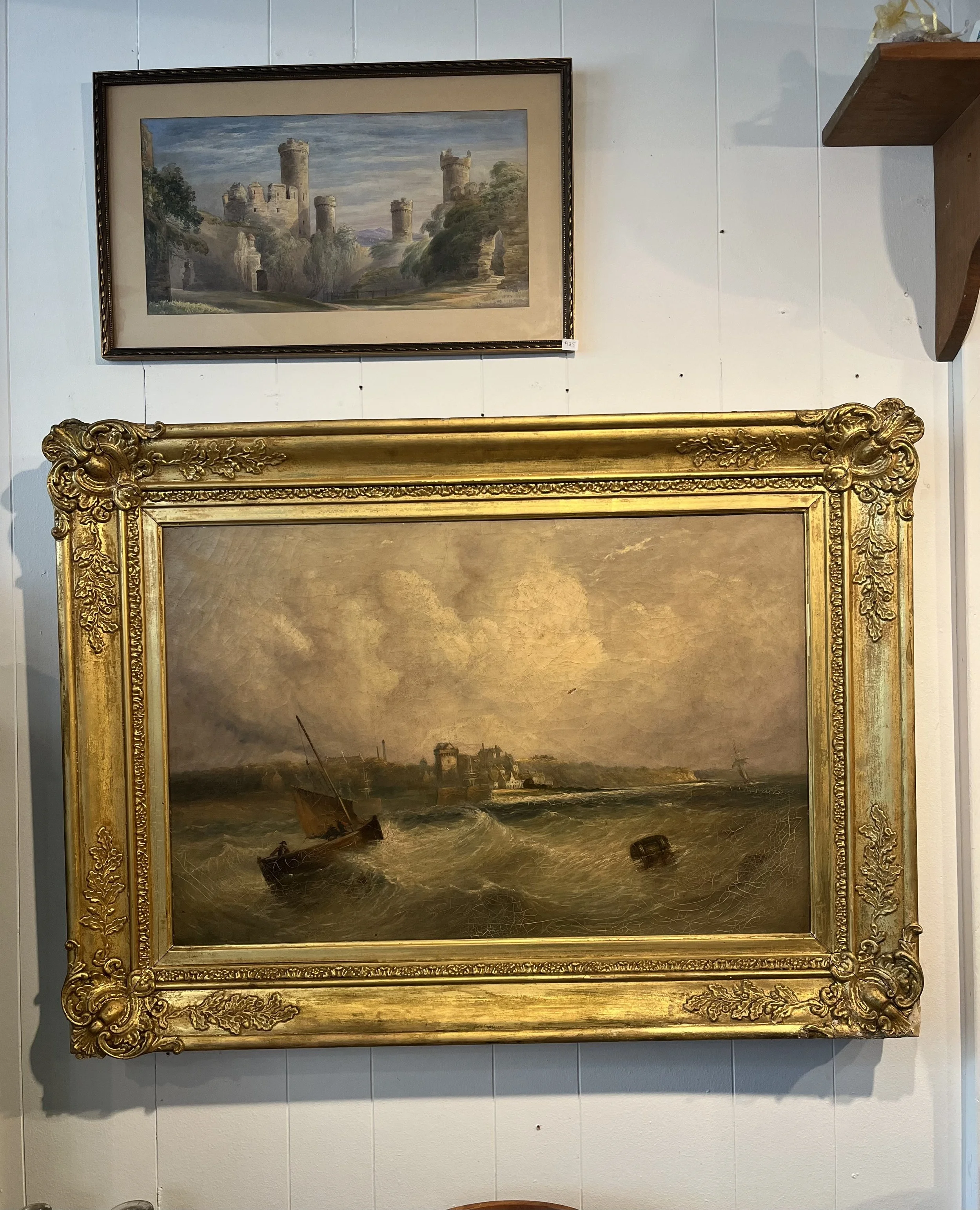 Oil on Canvas seascape in spectacular gilt frame. Unsigned. Measures 38" x 28"  SOLD