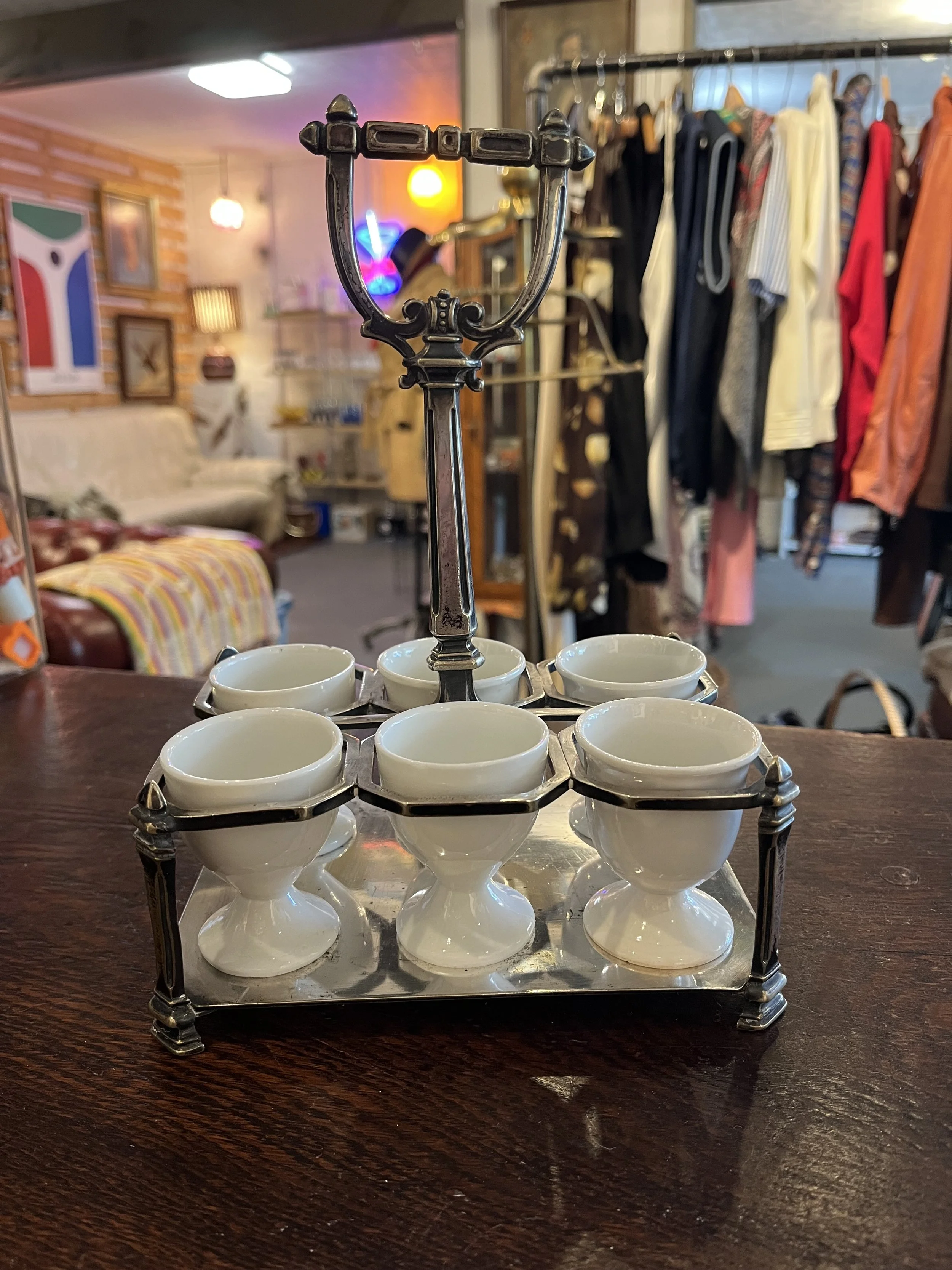 Victorian silverplate egg cup holder.  Excellent condition.  ($85)