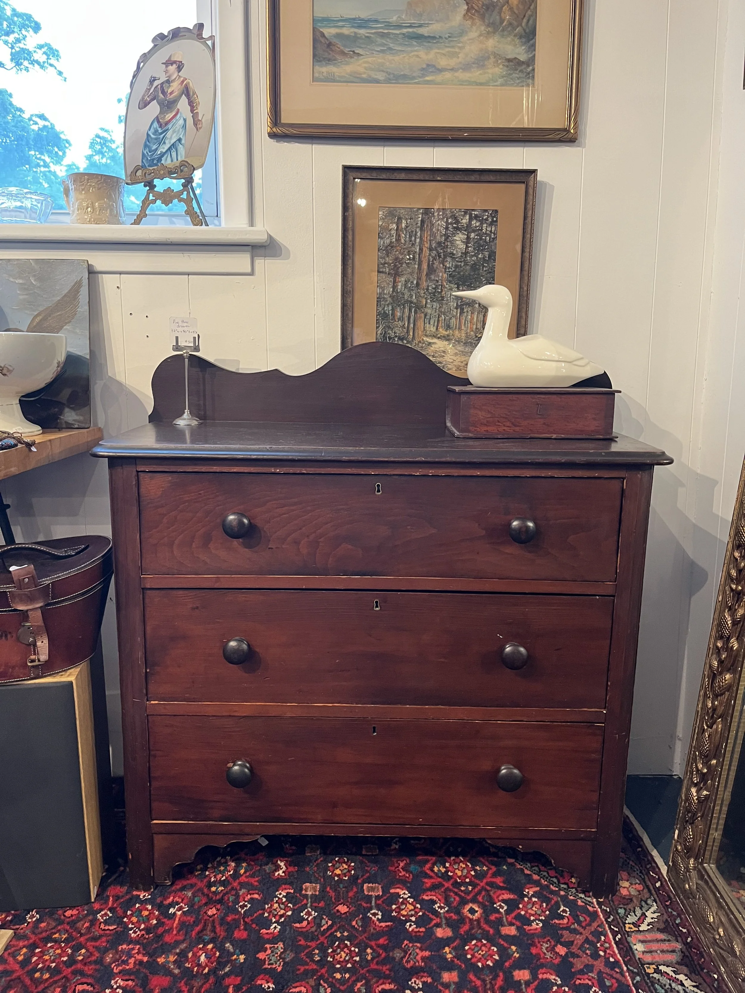 Pine Dresser: 3 drawers with back splash, 1870s, Measures 37 x 40 x 15"
($395)