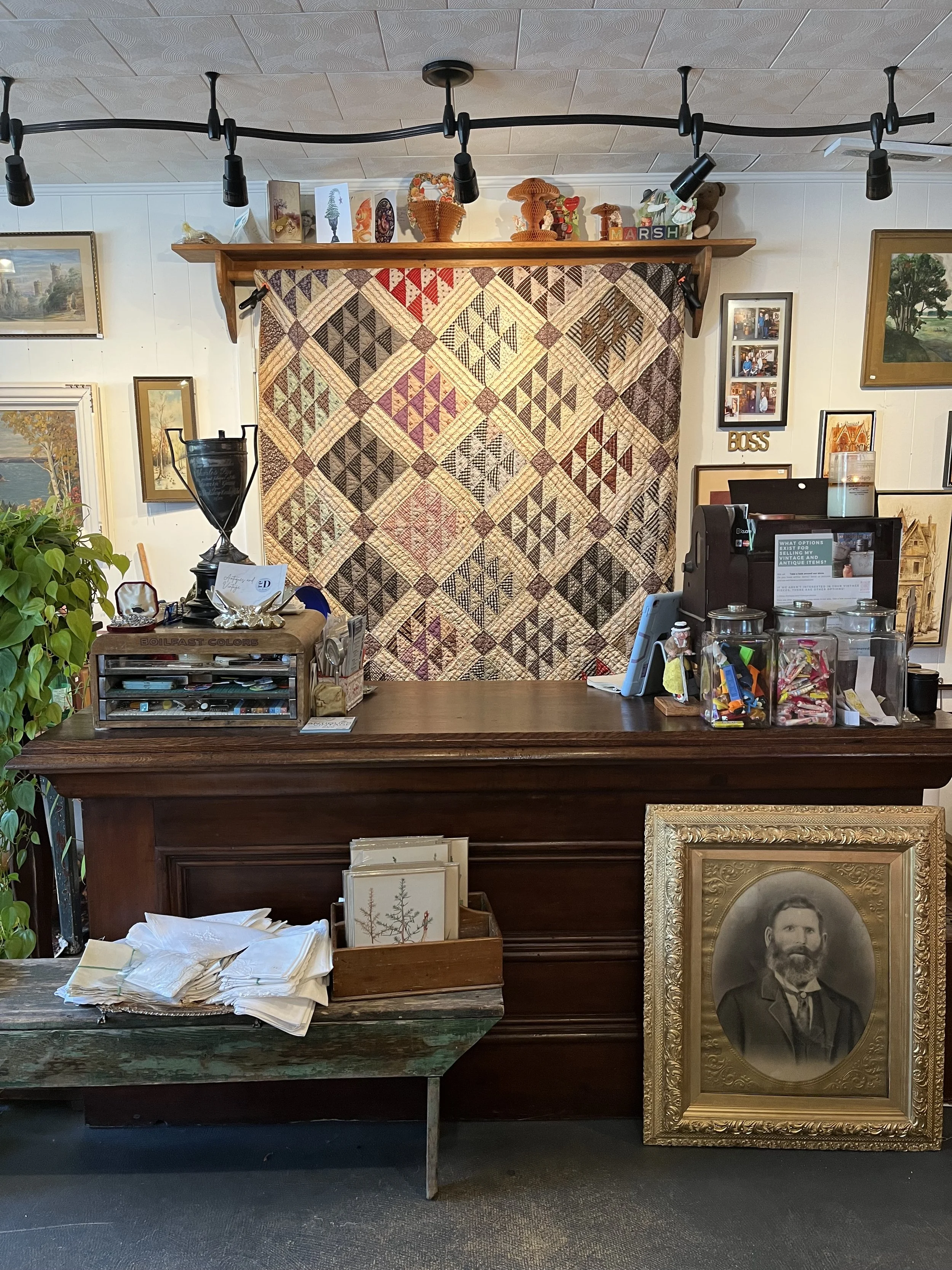 19th century calico quilt.  Some damage to a few squares- but overall in good useable condition.  Measures 75 x 86" ( $225)