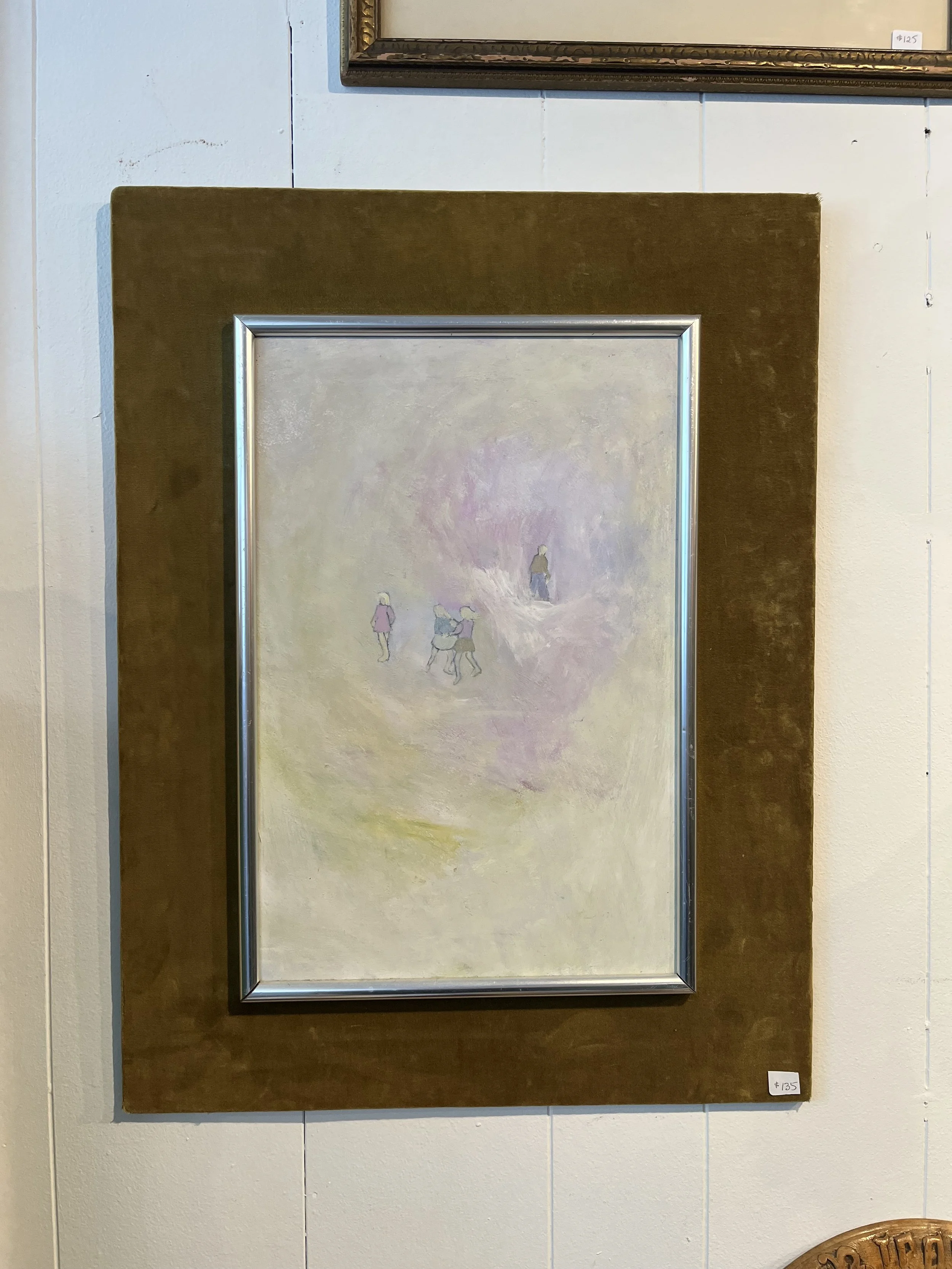 Mid Century Family- Eastern European oil on board with velvet frame. Measures 17" x 23" SOLD