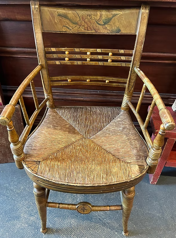 Set of 5 early Sheraton Chairs:
Arm chair plus 4 side chairs. Excellent condition- reeded seats are solid
Amazing painted finish. 5 pieces.
($495) 