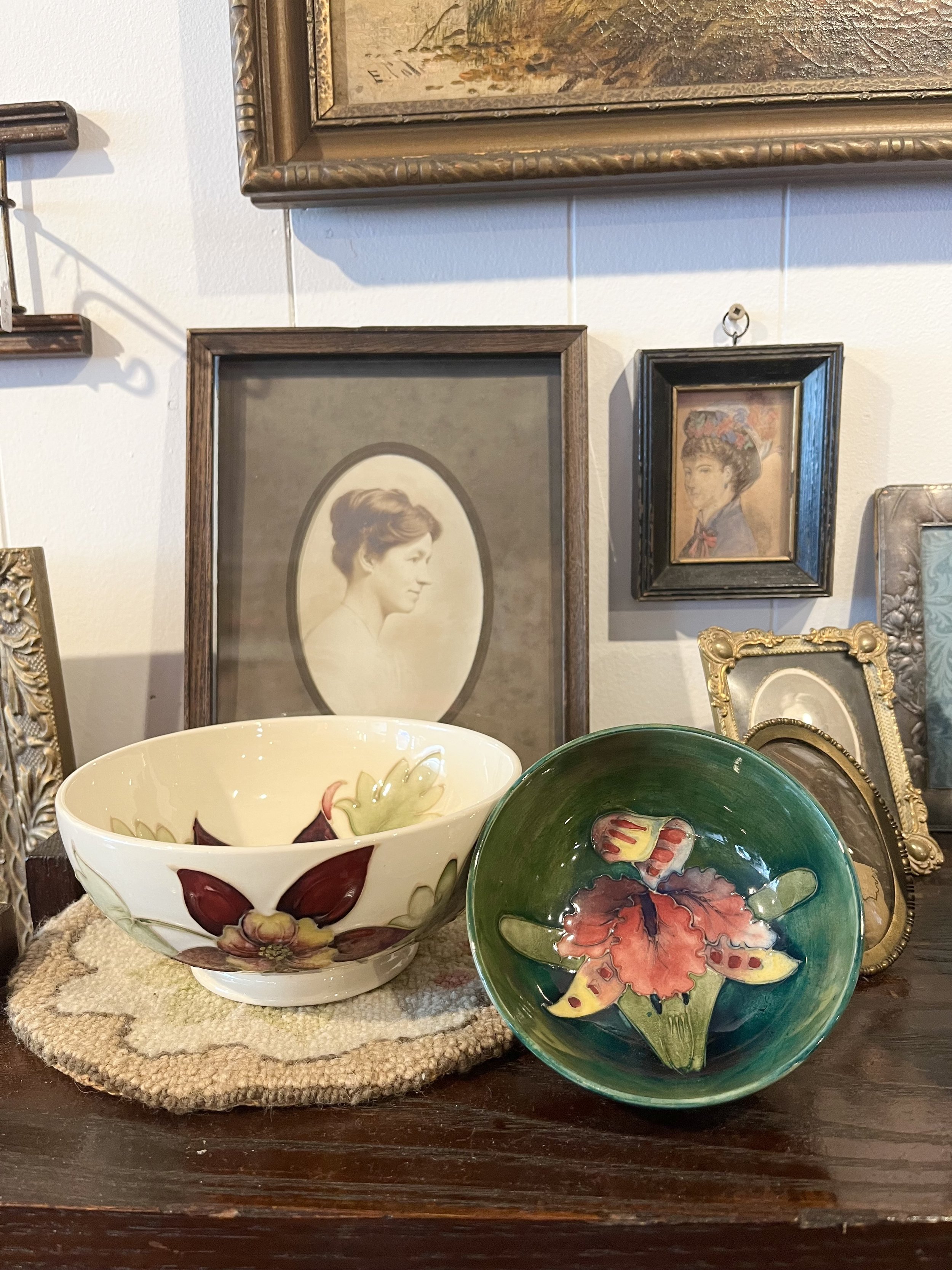 Moorcroft bowls- large- Columbine- impressed and written signature- 6" diameter ($165)
 Smaller- Iris, 4" diameter ($85)