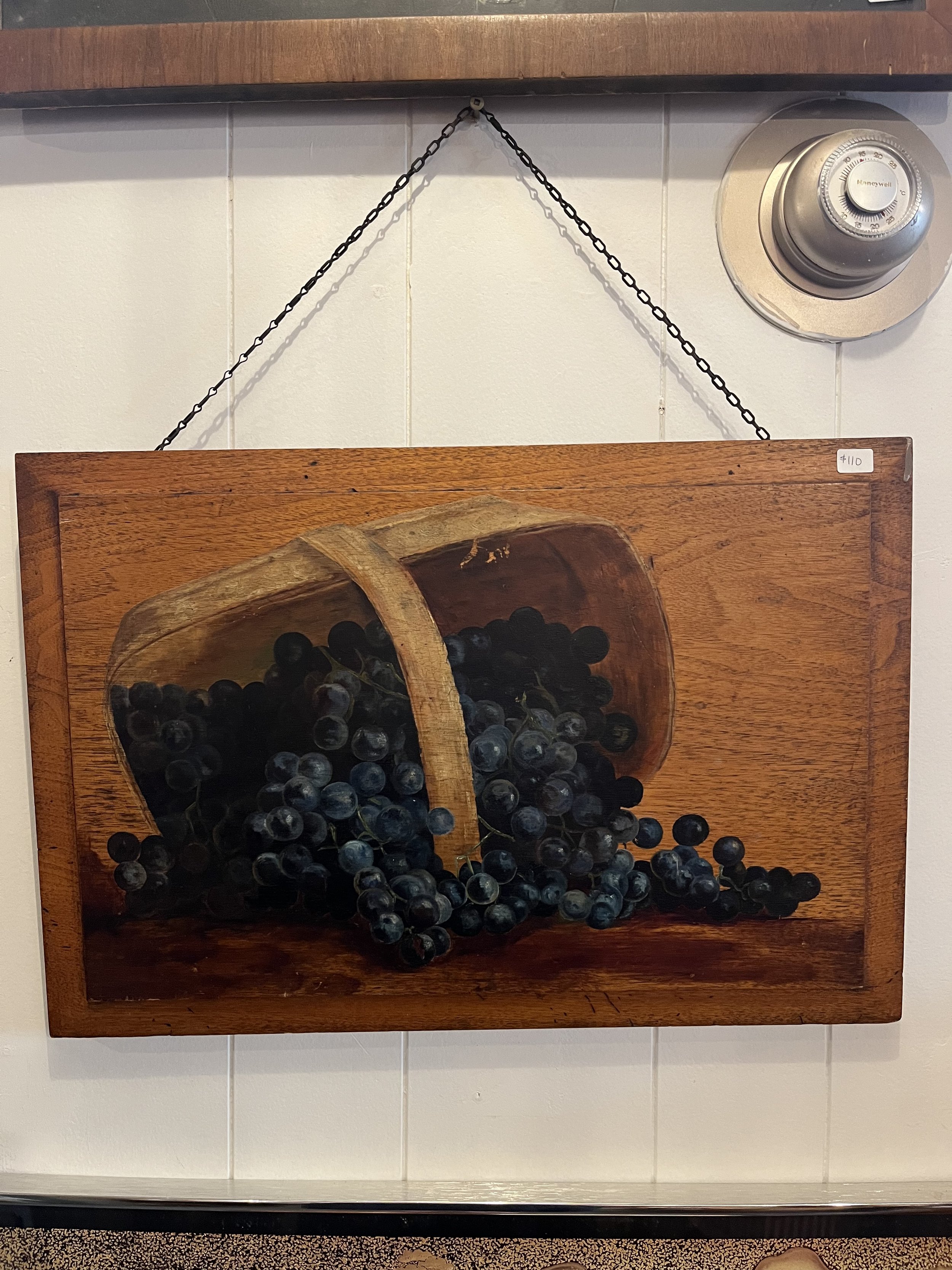 Grapes and basket. Oil on wood.  Exterior brass chain  Measures 13" x 19" ($110)