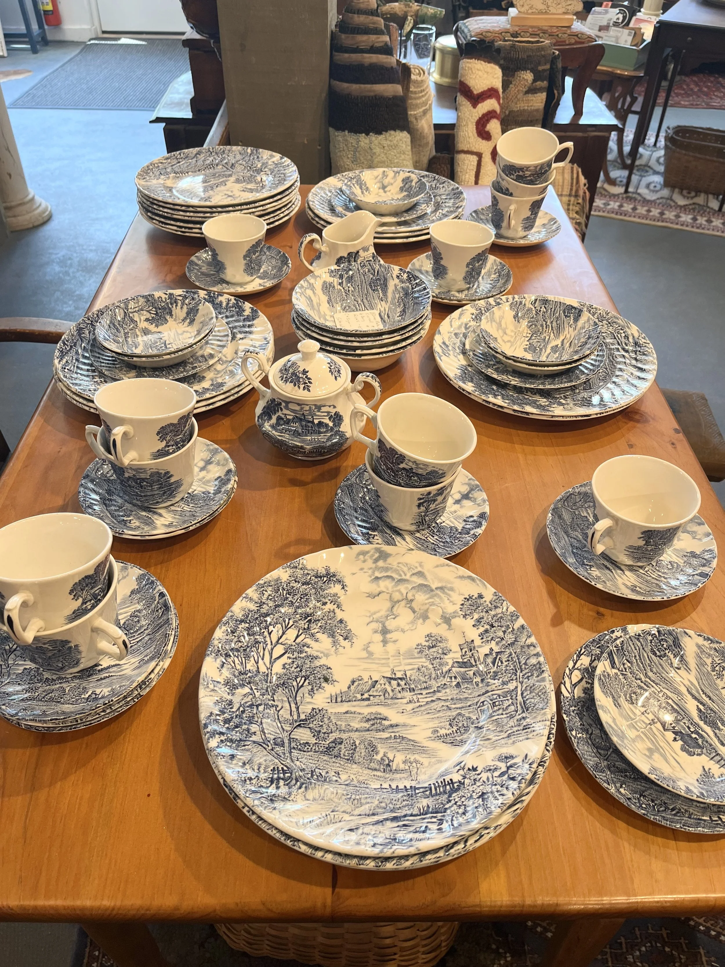 Ridgeway Ironstone Staffordshire set of dishes.  Includes 18 Dinner plates, 5 cereal bowls, 6 berry bowls, 12 cups and saucers, cream and sugar. ($125)