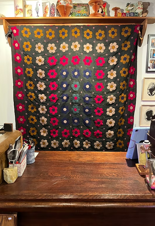 Penny Rug Quilt
Size: 60" x 72"
Overall good condition, some areas of wear, but shows well and is a rare quilt.  There is a matching mat as well.​
($300 for Quilt)