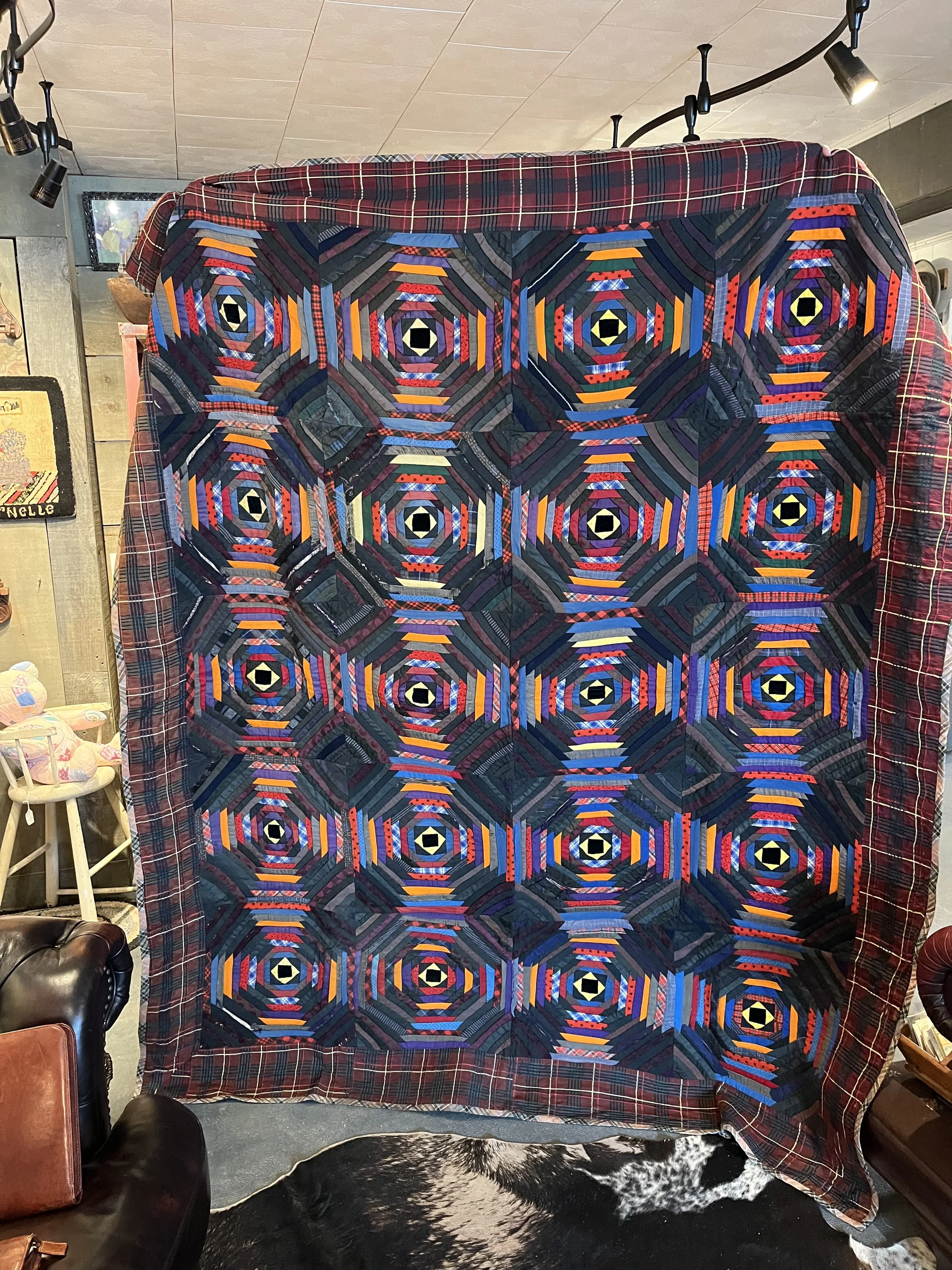 Pineapple log cabin quilt-  Fair condition.  Brillant for hanging.  Measures 70 x 80" ($185)