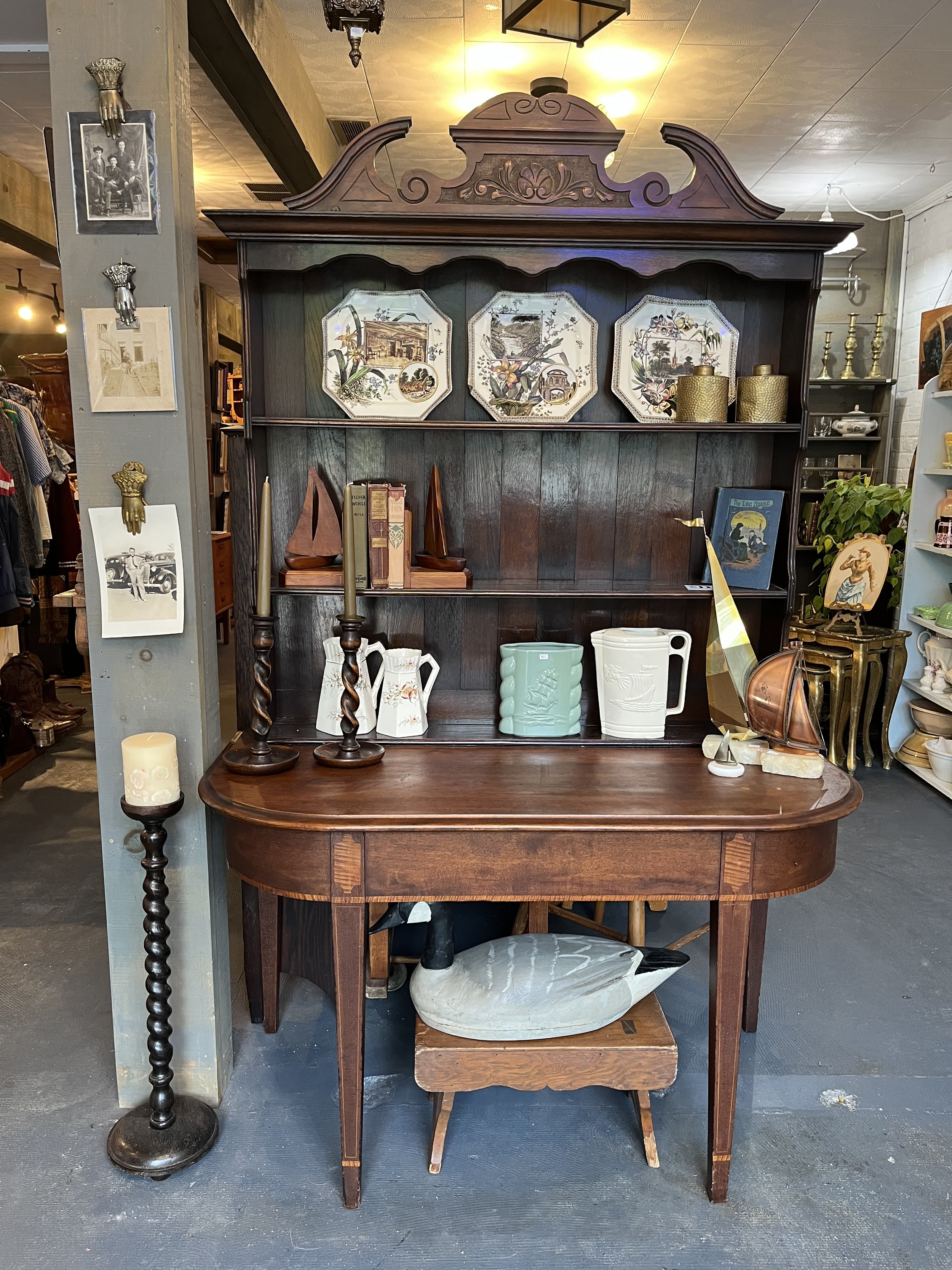 Georgian shelf unit- hand carved in oak.  Measures -40 x 45 x 6" ( $395)
D table- inlayed.  Measures 46 x 22 x 27" ( $275)