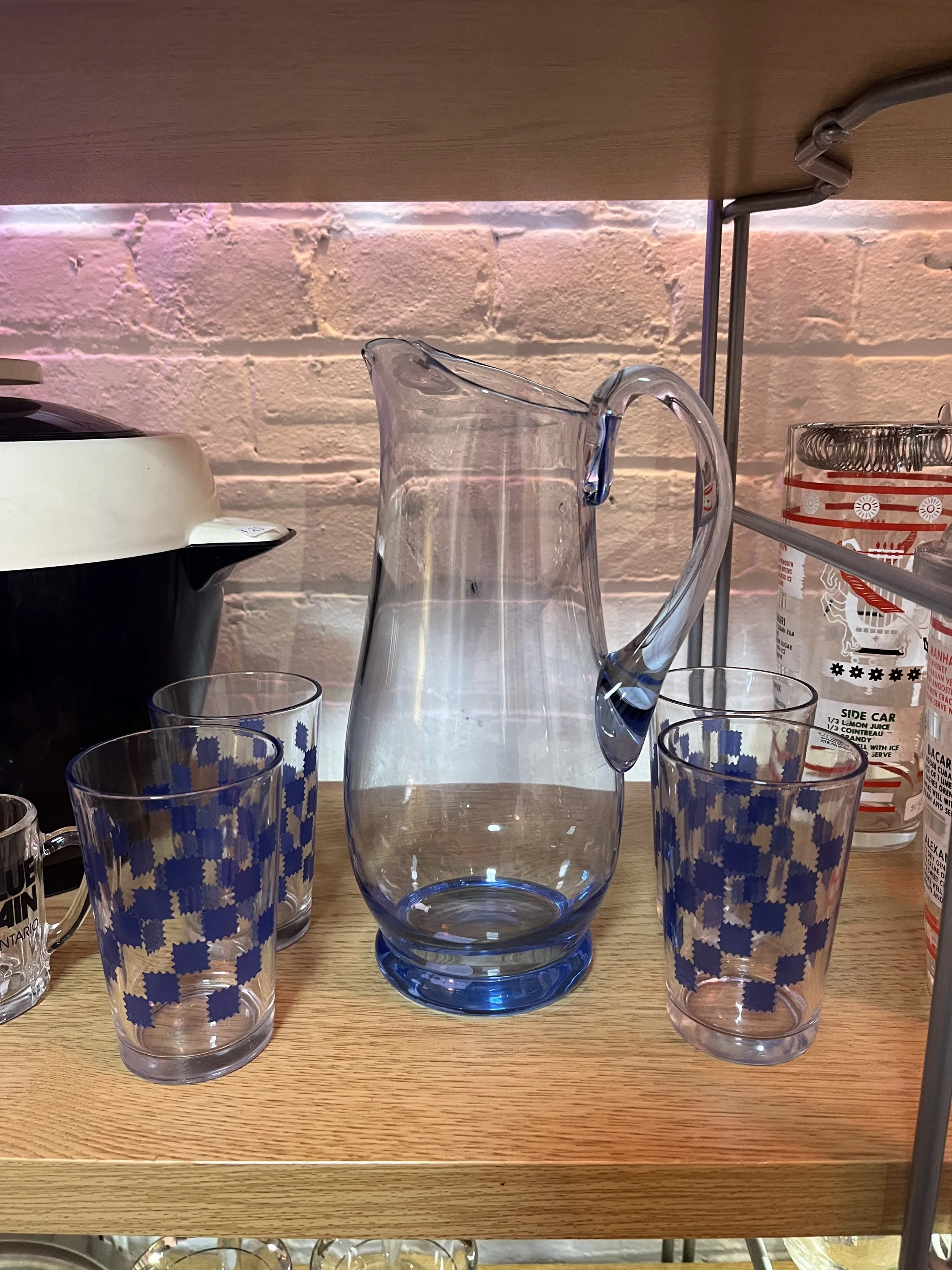Blue glass pitcher ($30) set of 4 1950s juice glasses ( $20)