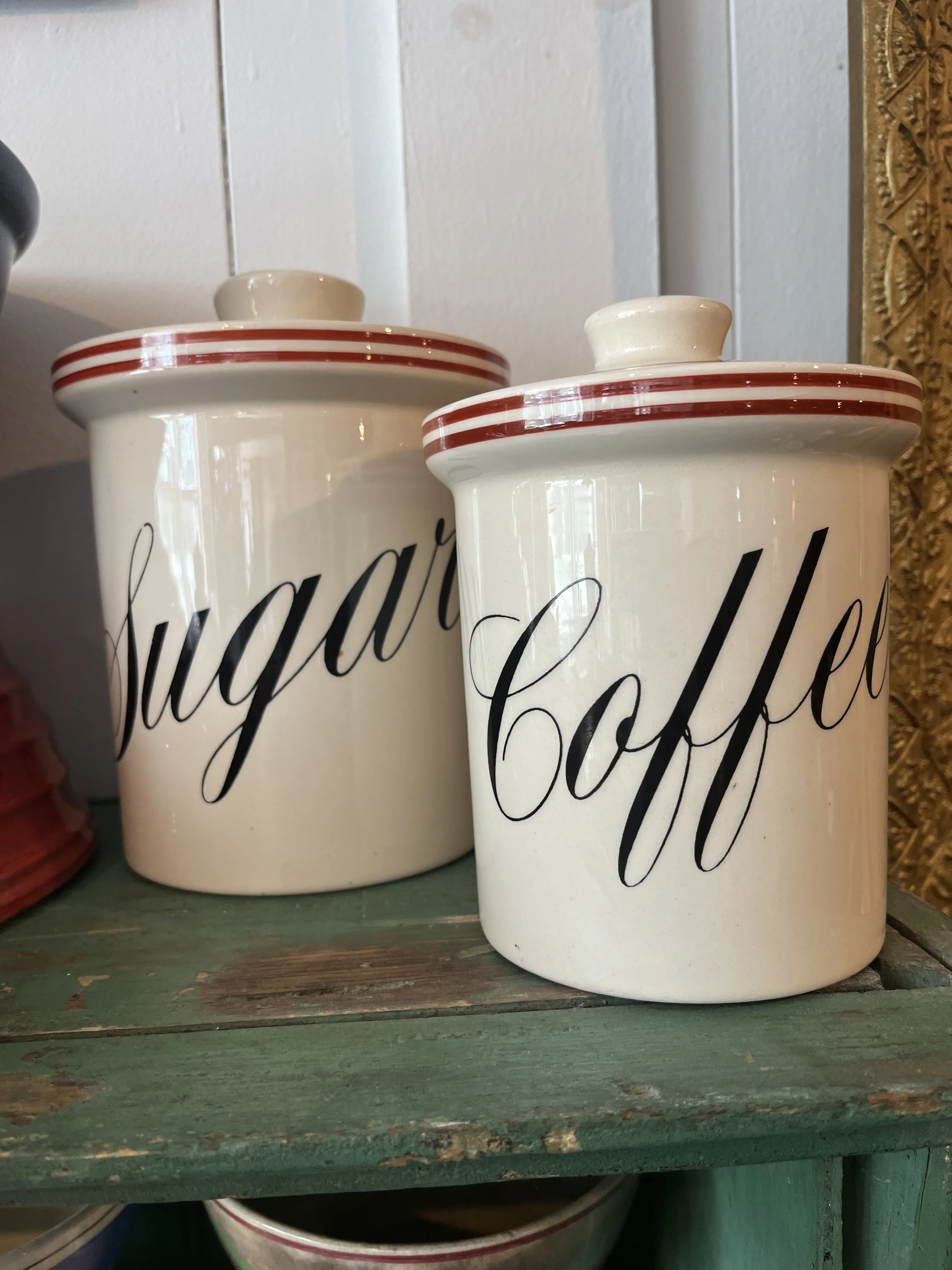 TG Green Sugar and Coffee Canisters. Sugar measures 8" tall. ($40 and $30)