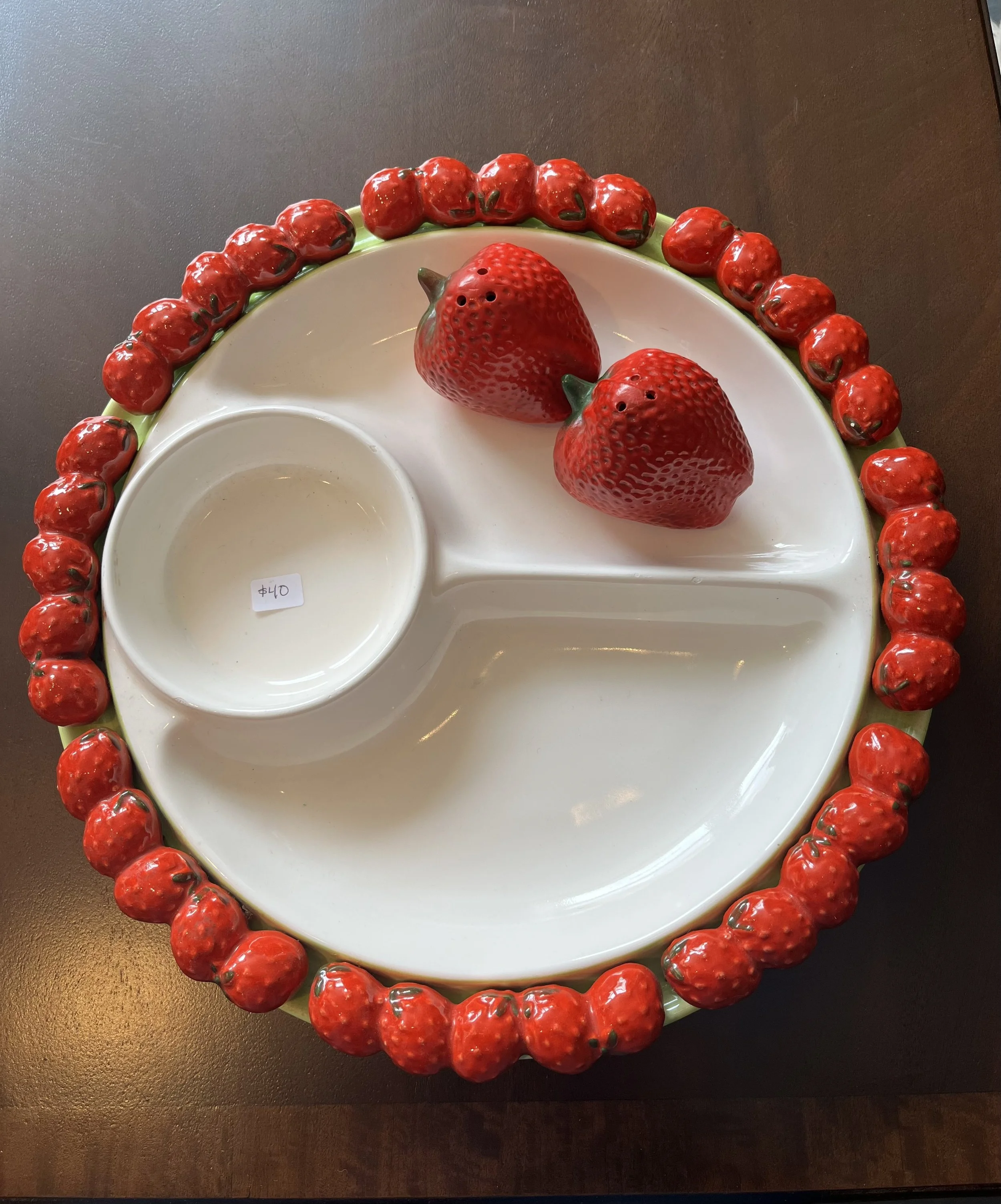Strawberry divided dish and salt and pepper- made in Japan.  Measures 13" diameter. SOLD Salt and pepper ($18)
