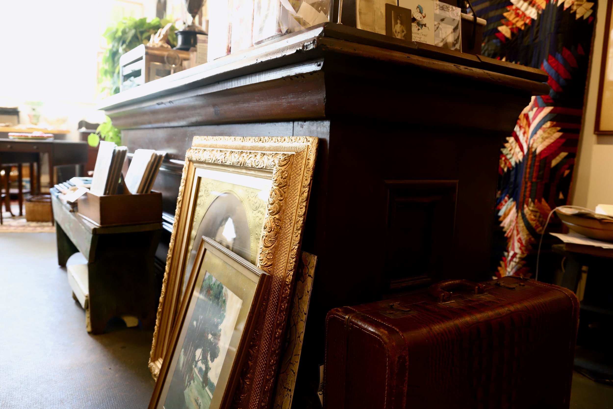 Antique picture frames, textiles and furniture