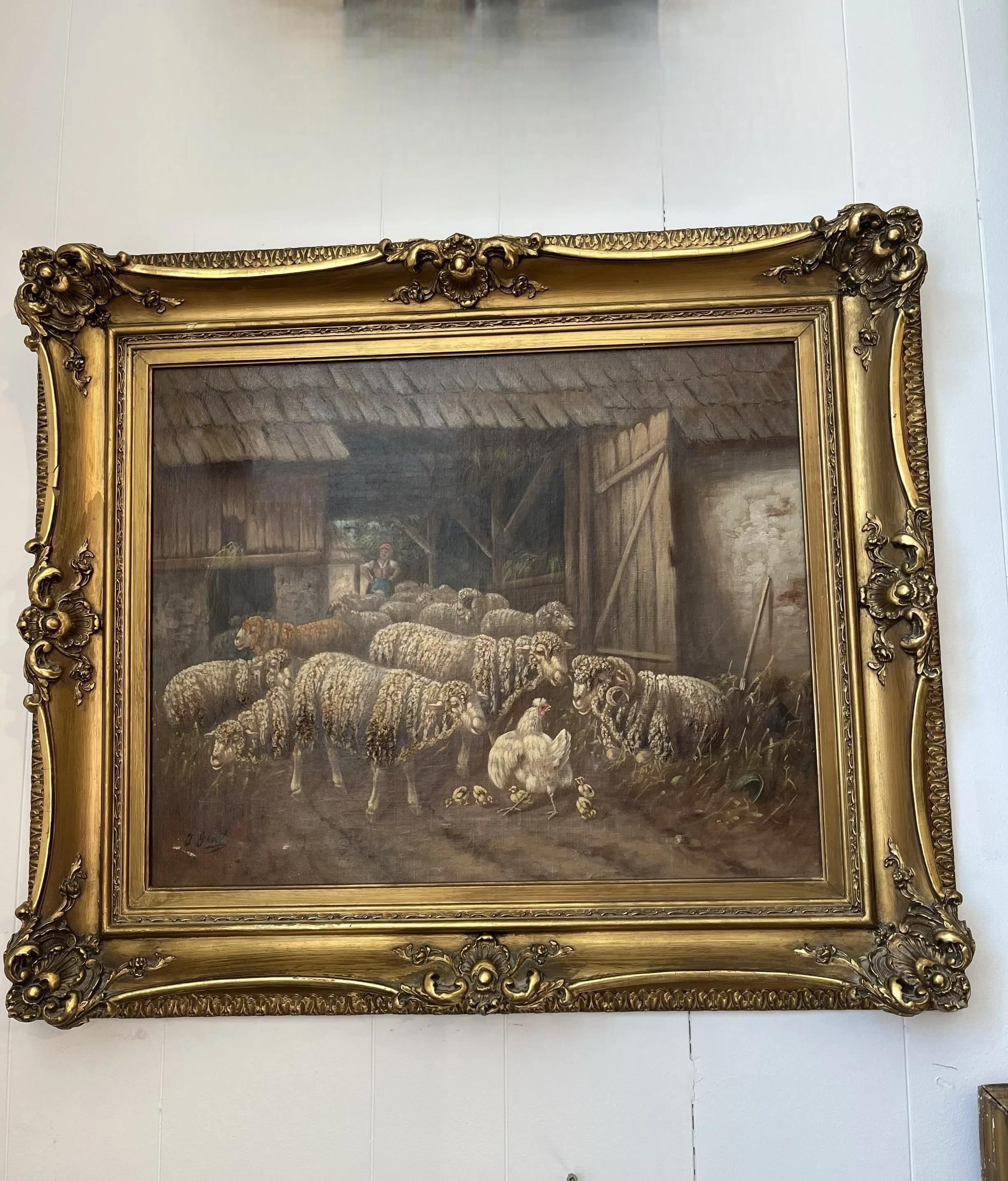 "Sheep and Fowl in a Barn" Johanna Grell (1850-1934)  in a beautiful period gilt frame.  24" x 28" ($425)