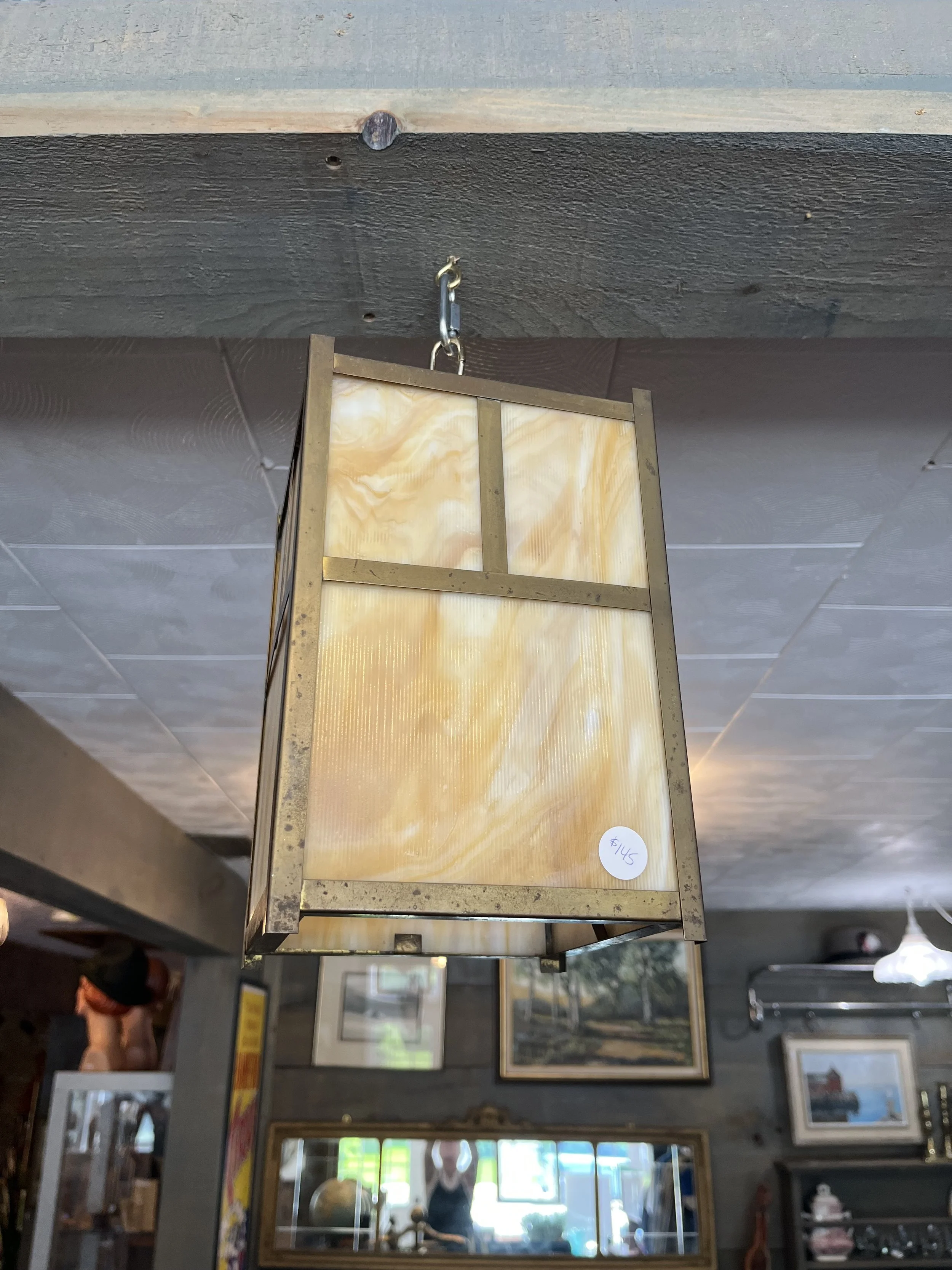 Brass Arts and Glass Slag glass hanging lamp.  Measures 9 1/2" x 6" ( $165)