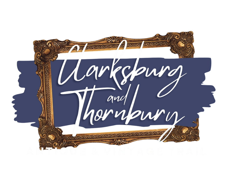 Logo for Darkskurb and Thornbury Antique Auctions featuring a gold ornate frame and handwritten text in white and dark blue