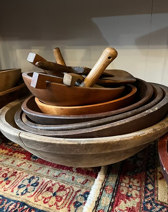Wooden Dough Bowls & Trenchers:
Many wooden bowls and trenchers in the store.     
($40 to $325/each)