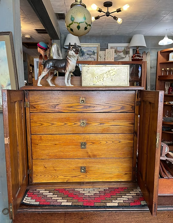 
Oak table top multidrawer cabinet:
Doors close for a clean look- great for jewellery!
Measures: 26 x 12 x 28" ($295)