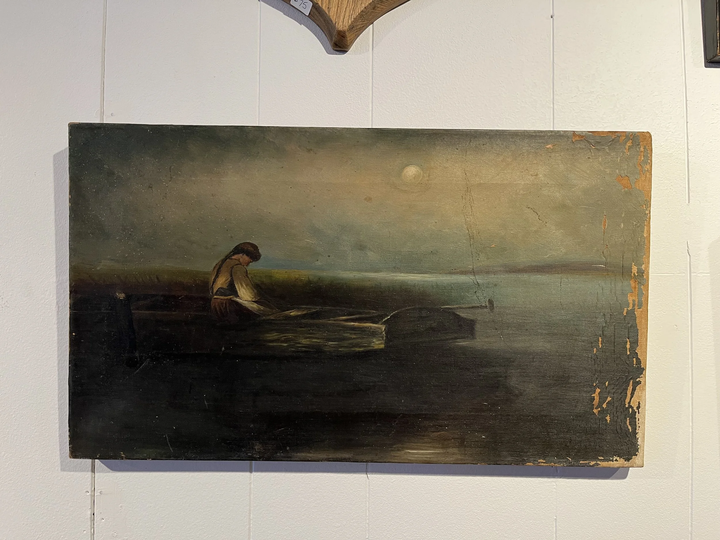 Late 1800s oil on canvas.  After Heinrich Vosberg- "Alone and Forsaken" sign J Haun.   19" x 11" ($95)