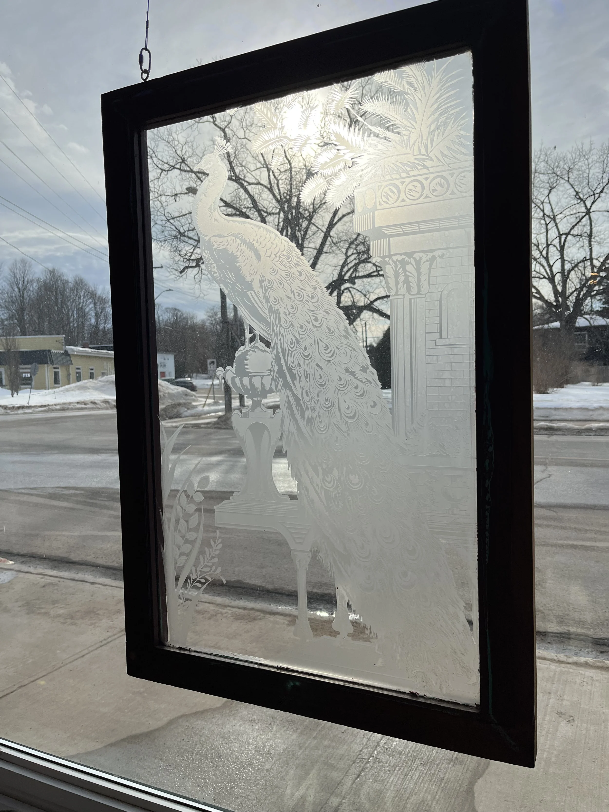 Victorian etched glass peacock window.  Excellent condition. Measures 24" x 34".  ($495)