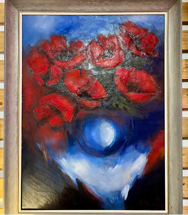 Poppies: Large oil on board- unsigned mid century, Size: 28' x 36" ($225)