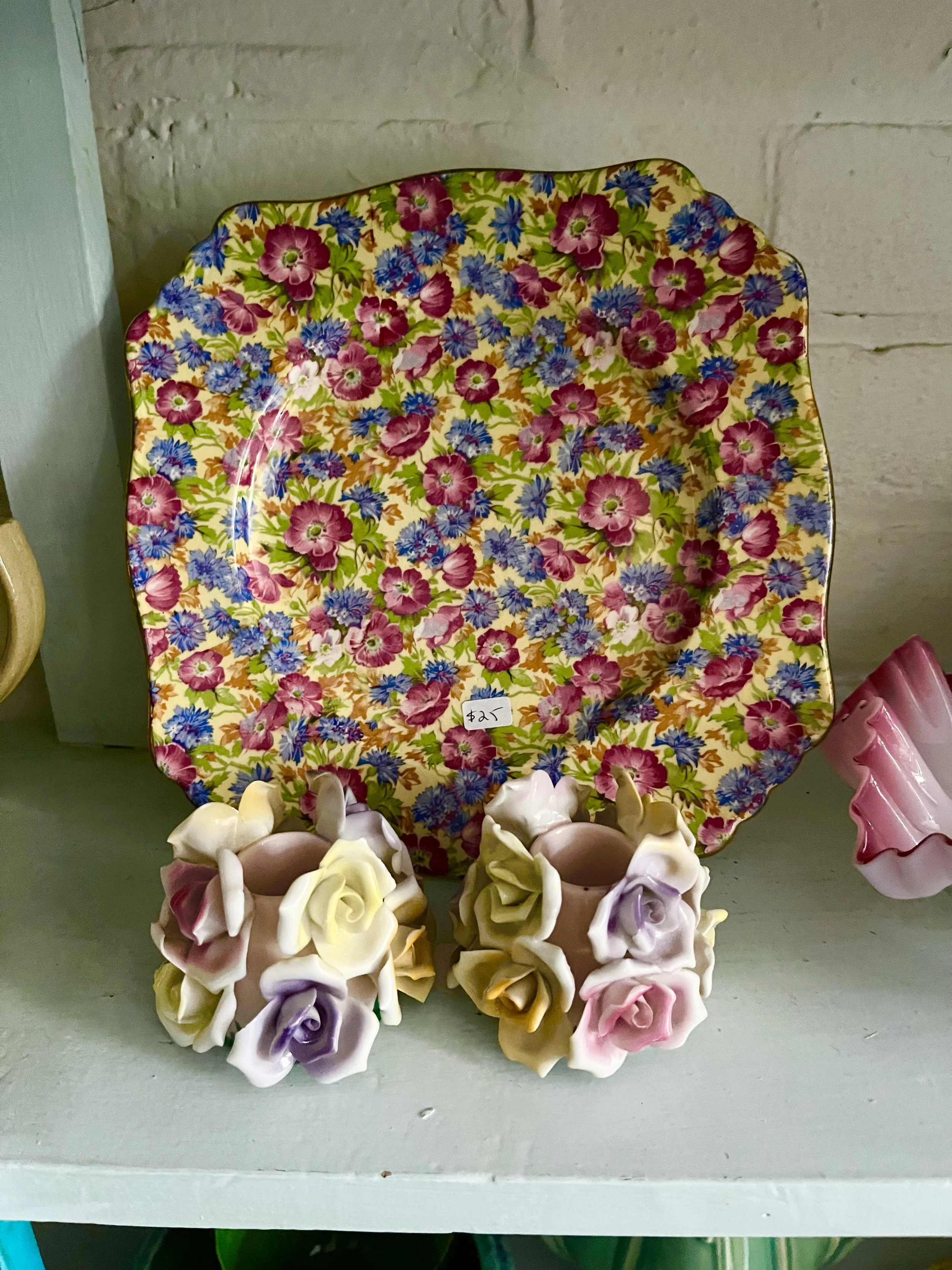 Chintz dinner plate- Royal Winton Royalty.  ($25). Floral candlesticks SOLD