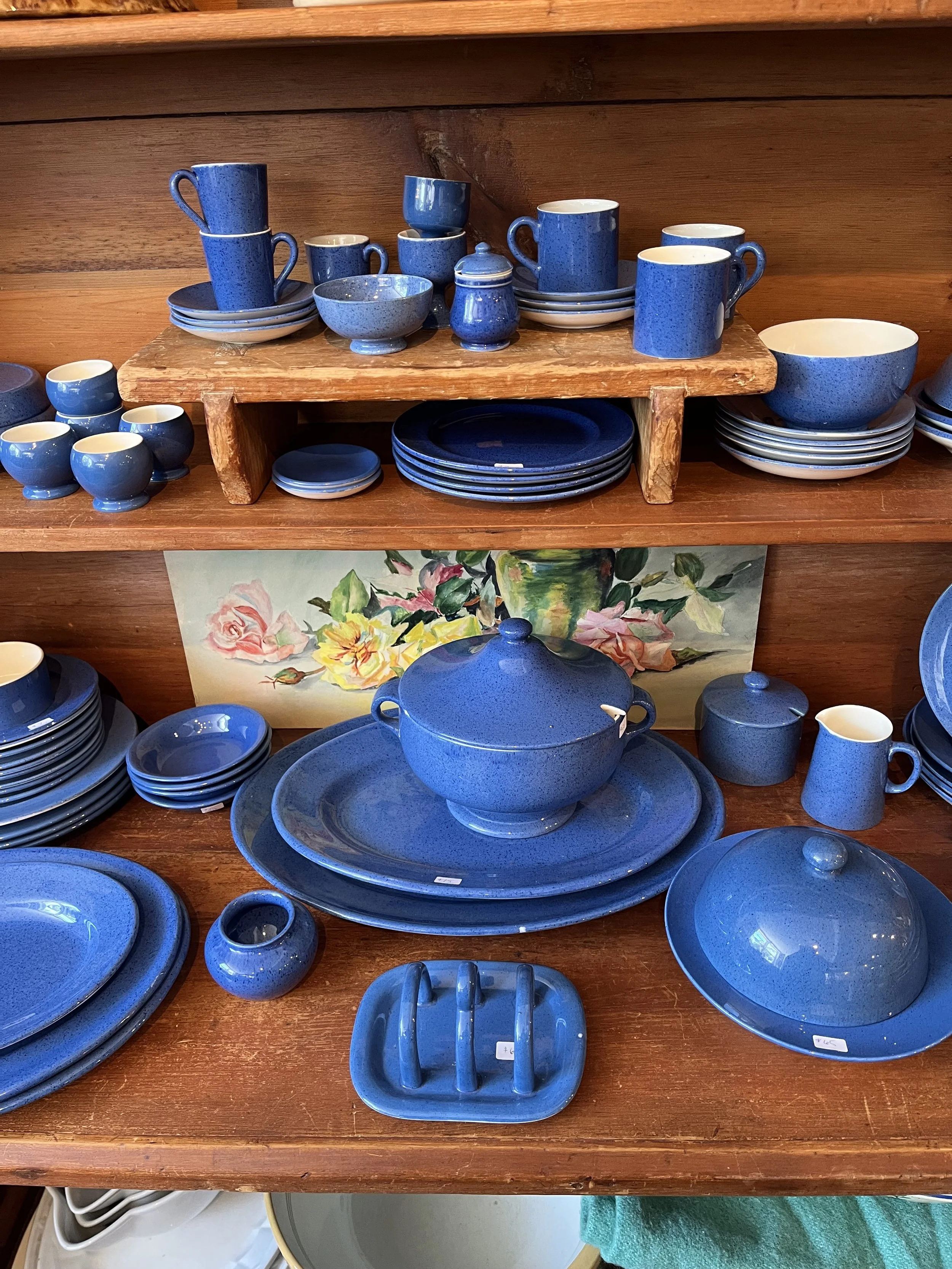 Powder Blue Moorcroft.  Platters, demi-tasse, toast rack, plates, bowls, - ranges from $10- 125 each. 