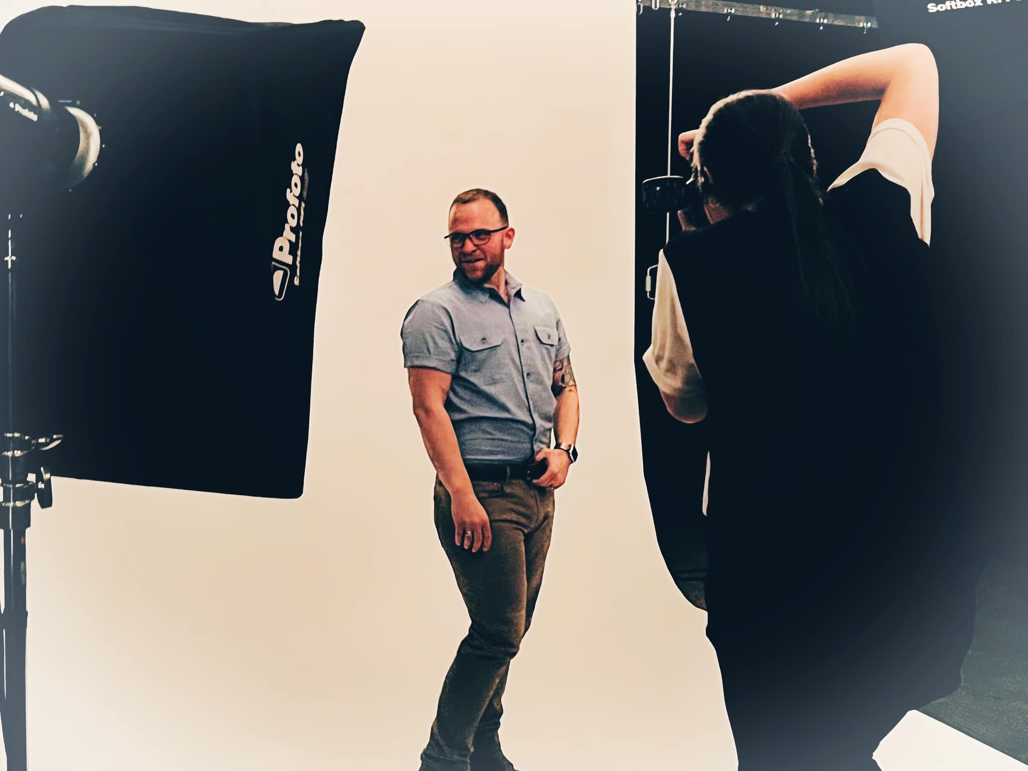 Ethan Avanzino on a film production set with professional lighting equipment