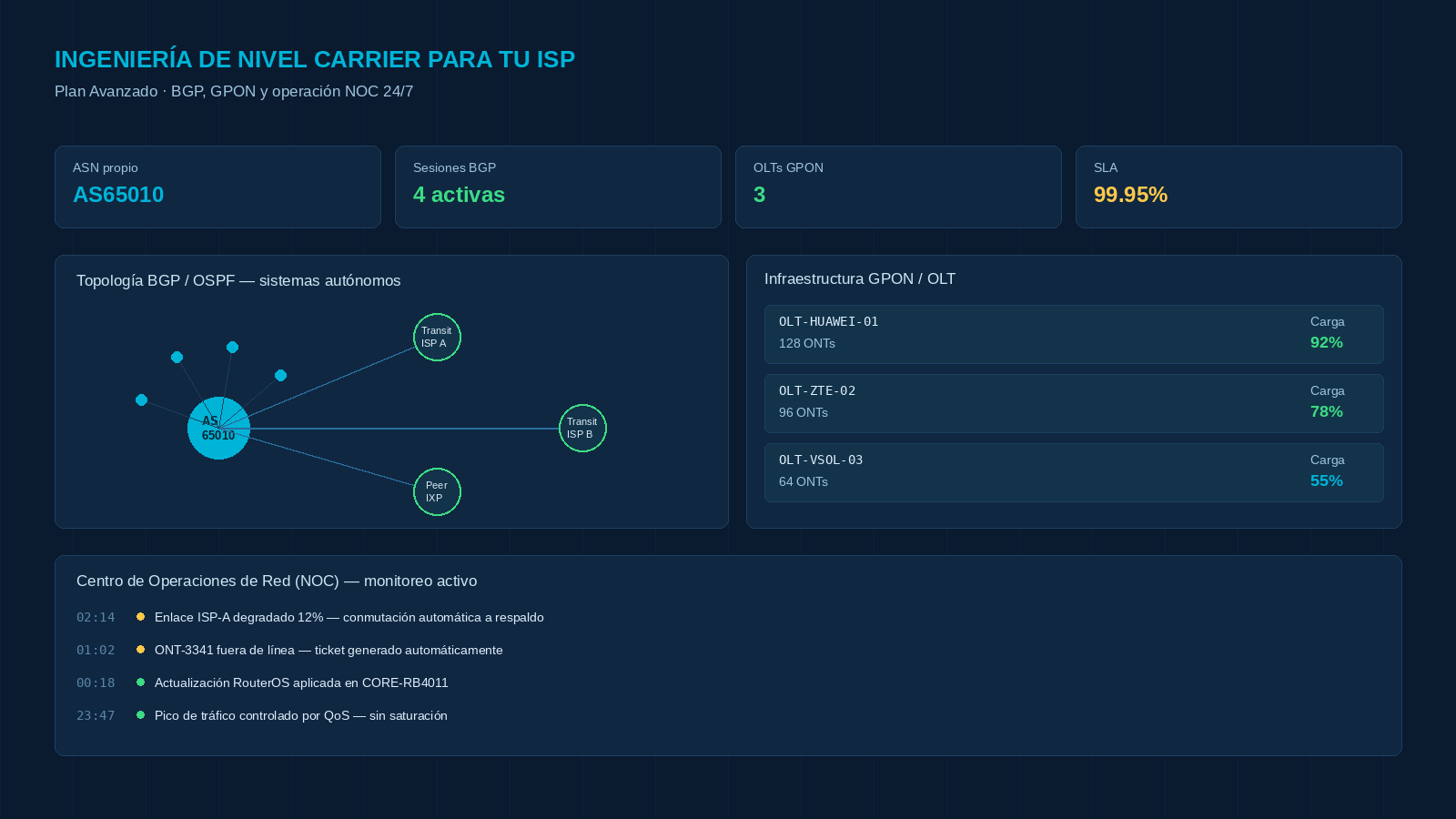 Pantalla informativa en español sobre ingeniería de nivel de carrier para ISP, con datos de ASN, sesiones BGP, topología, infraestructura GPON/OLT y monitoreo de red en tiempo real.