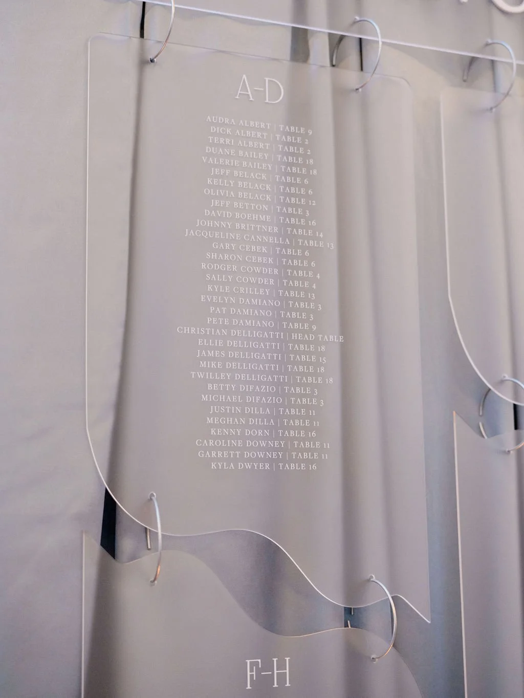Event seating chart with guest names and assigned tables, organized alphabetically from A-D and F-H.