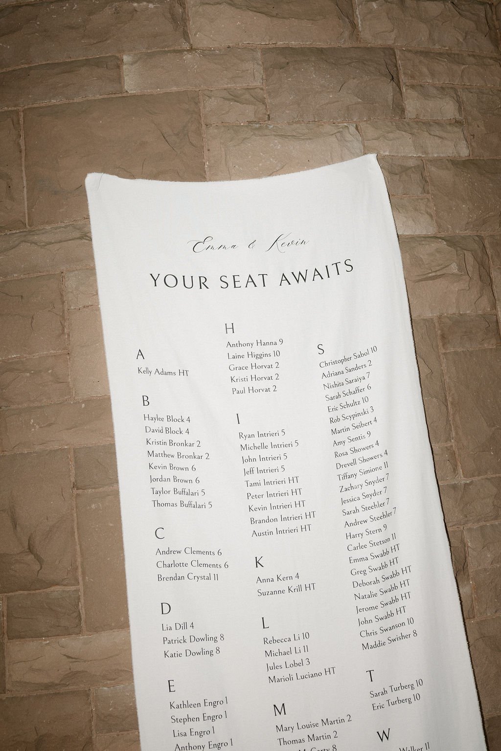 A wedding seating chart on a white paper sheet against a brick wall, listing guest names and table assignments.