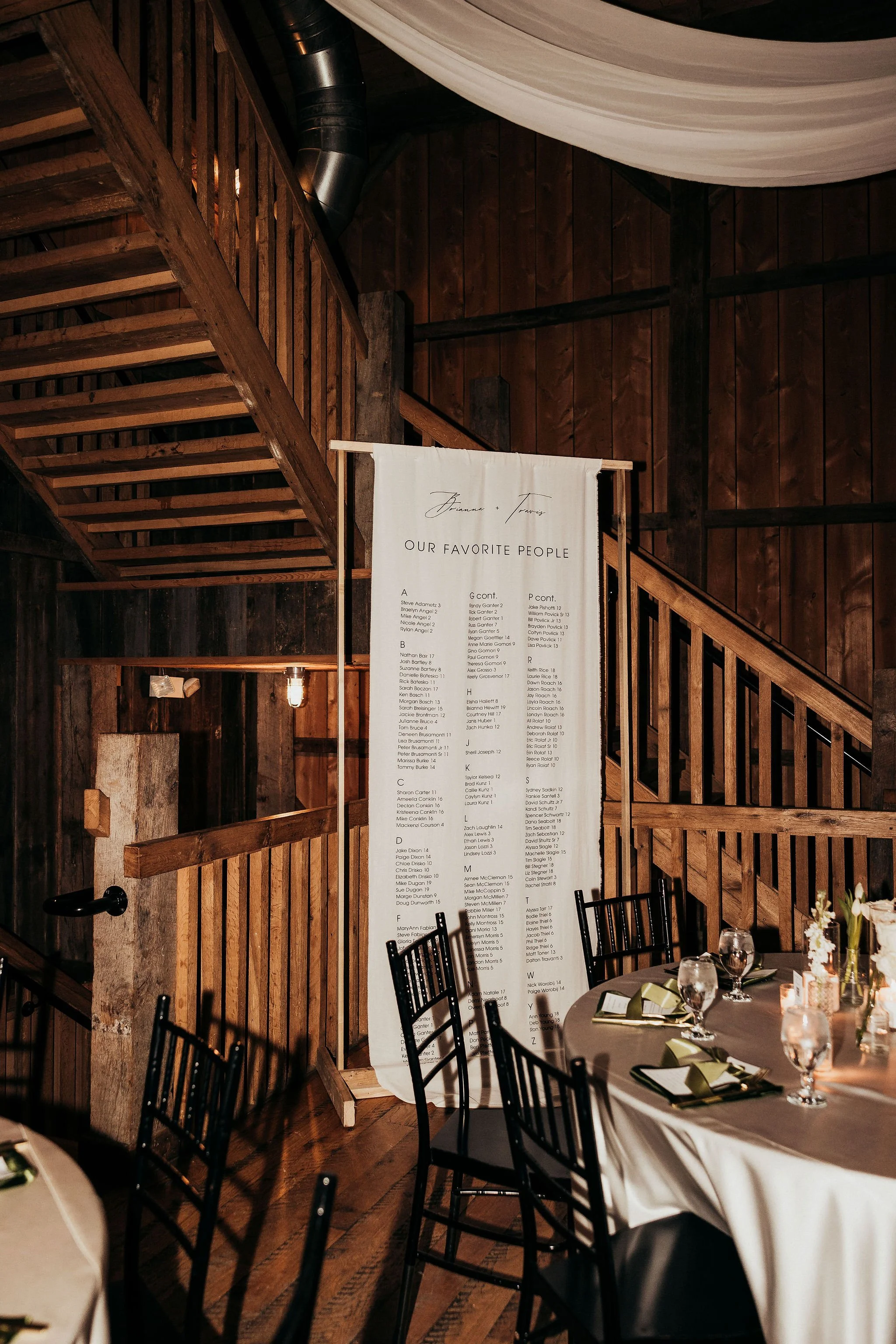 A rustic indoor setting with a staircase made of wood, a large white seating chart with guest names, a round table with place settings, and dark wooden walls and ceiling.