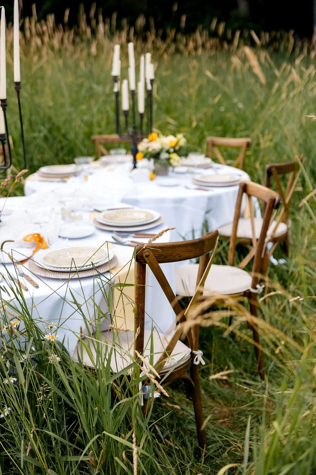 Outdoor dining table set with white tablecloth, plates, and cutlery in a grassy field, decorated with a flower centerpiece and black candelabras.