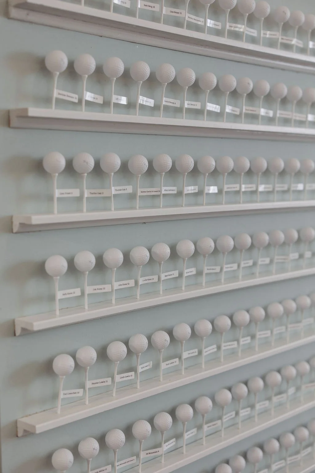 Display of white golf balls organized by name on shelves.