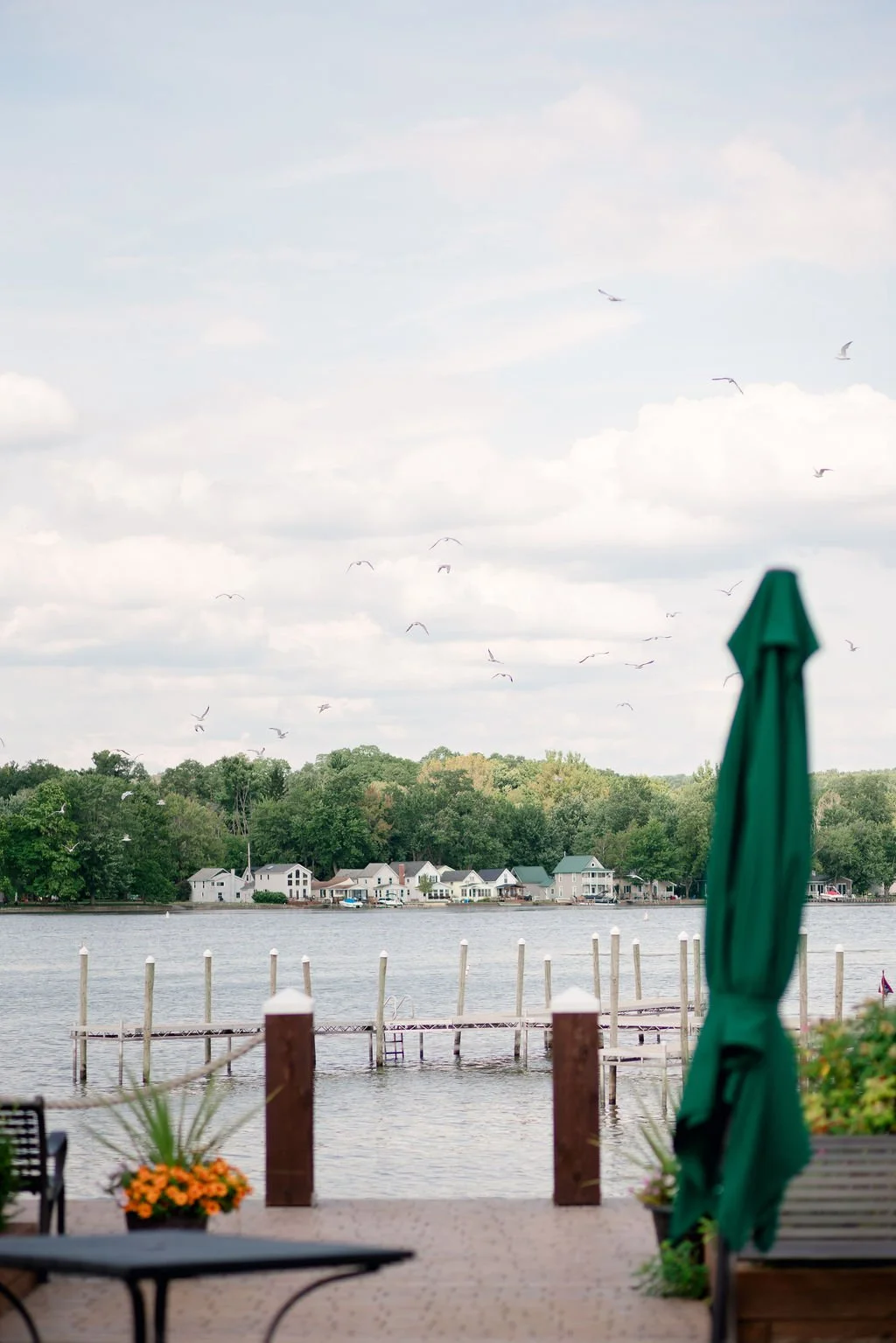 A lakeside view with a dock extending into the water, residential houses on the opposite shore, a green patio umbrella, potted flowers, and birds flying in a partly cloudy sky.