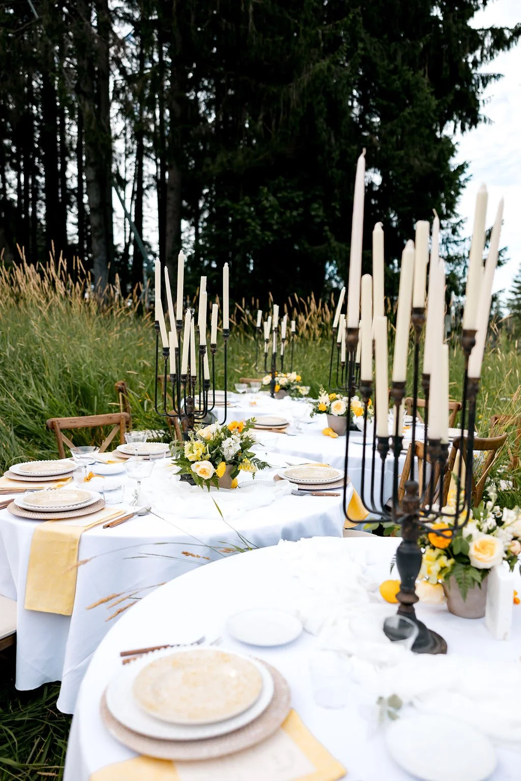 An outdoor dining table with white tablecloth, floral centerpieces, and tall black candle holders, set in a grassy field with trees in the background.