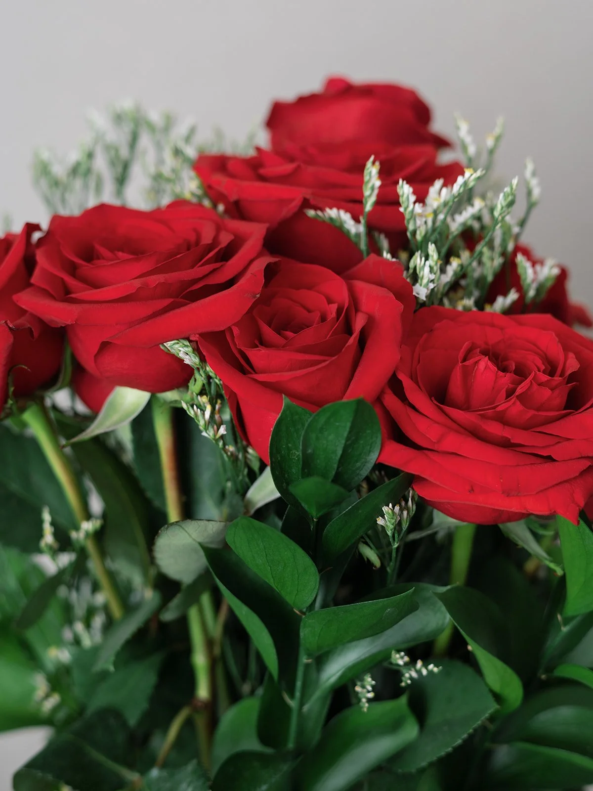 Close-up of a bouquet with vibrant red roses, small white flowers, and green leaves.