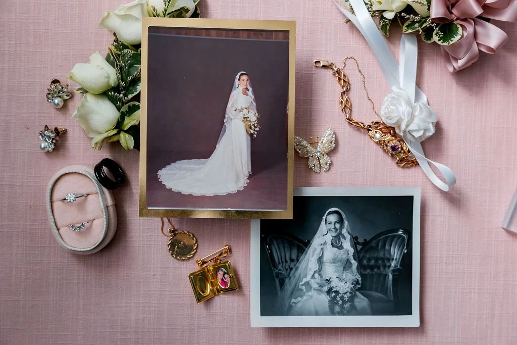 Wedding photographs featuring a bride in a white wedding dress, surrounded by jewelry, flowers, and accessories on a pink background.