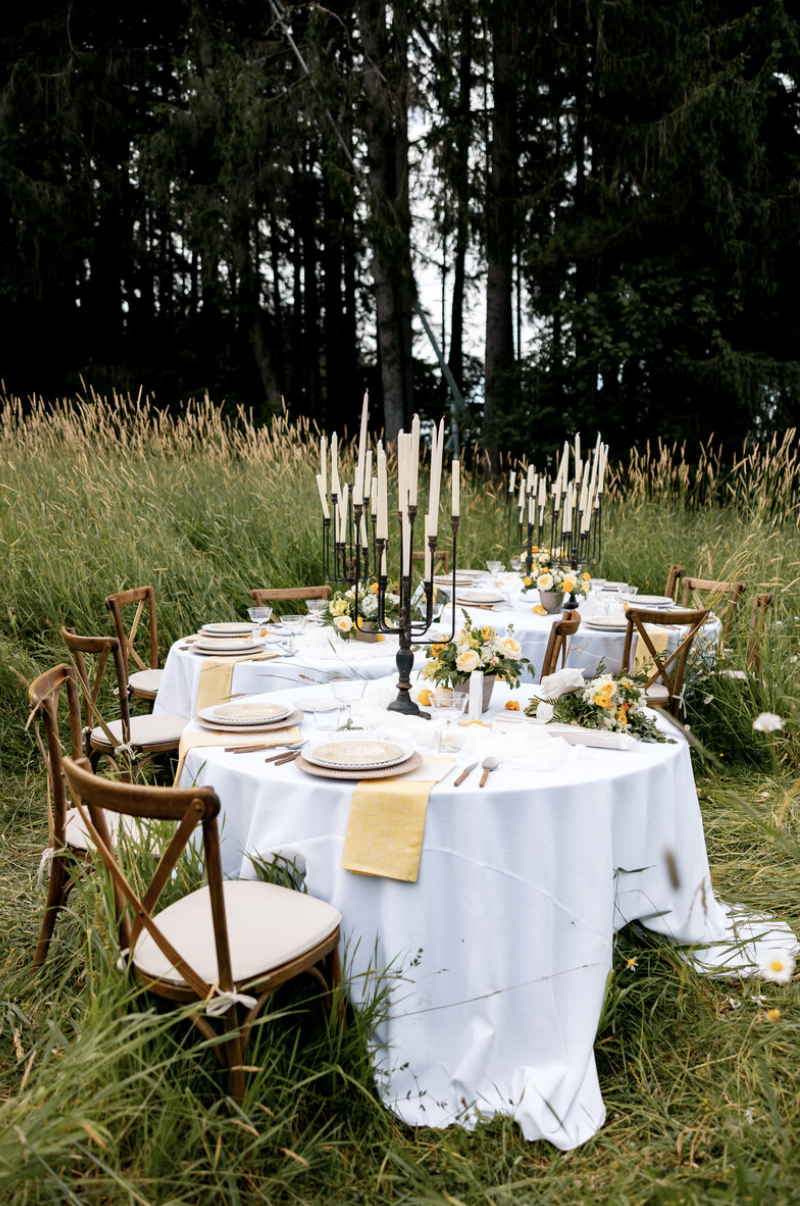 A long outdoor dining table set in a grassy field surrounded by trees. The table has a white tablecloth, yellow napkins, floral centerpieces, and tall black candlesticks.