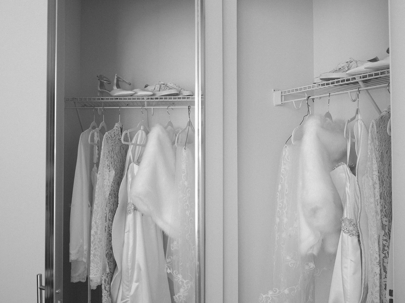 A closet with wedding dresses on hangers and shoes on a shelf.