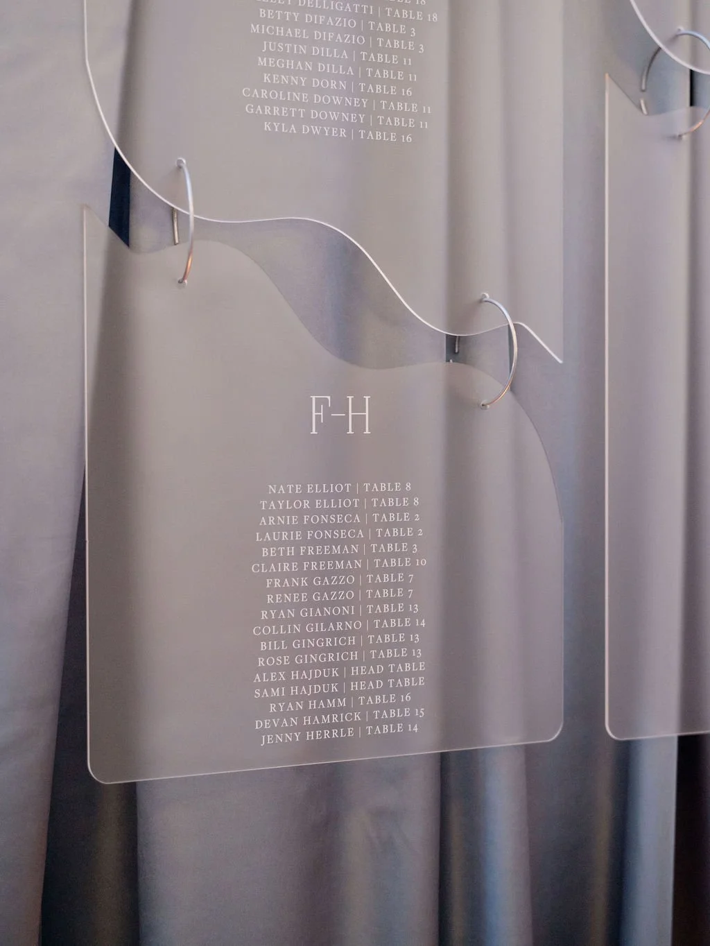 Table assignment chart with names and table numbers, printed on a transparent acrylic sheet, hanging on a metal surface.
