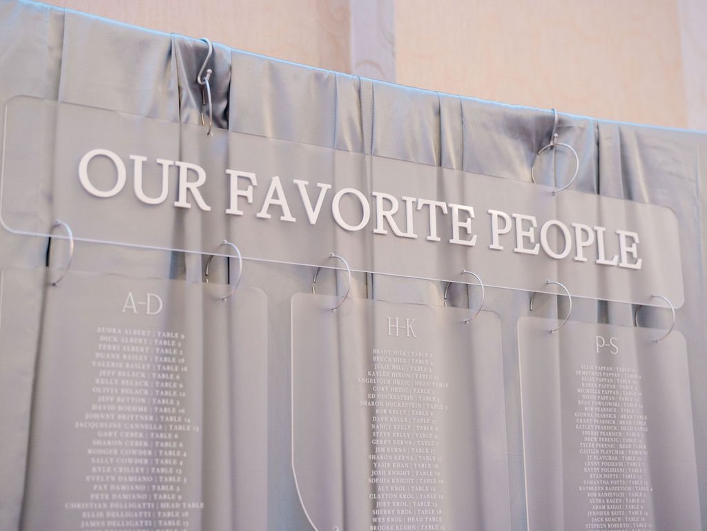 A list of people's names under the heading 'Our Favorite People' displayed on a board with sheets and hooks.