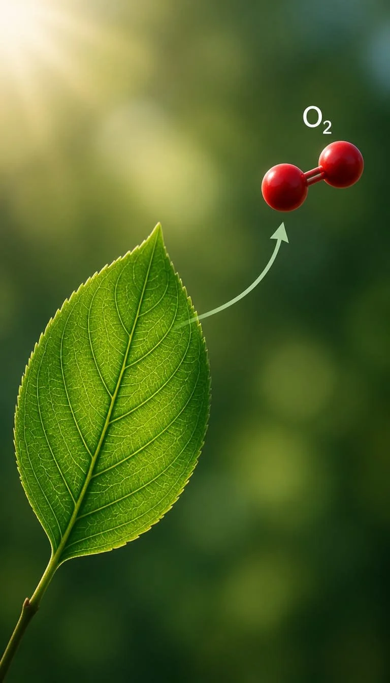 A single leaf and a single O2 molecule evolving from it.