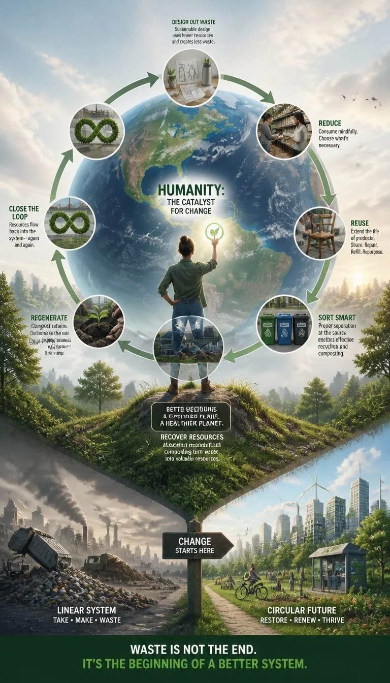A human is the catalyst for change in the closed-loop earth. Becoming the catalyst and changing waste management to a more sustainable way.
