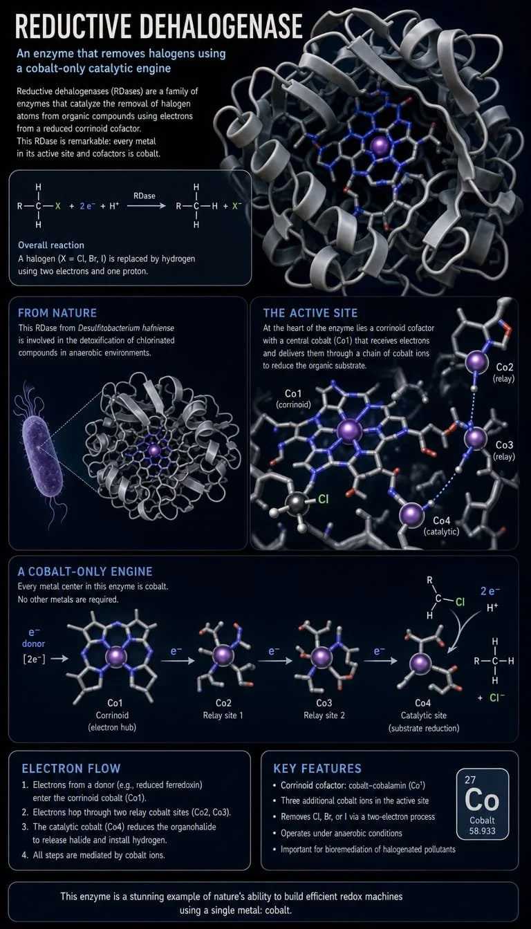 Reductive dehalogenase, and its engine is built entirely around cobalt. Infographic.