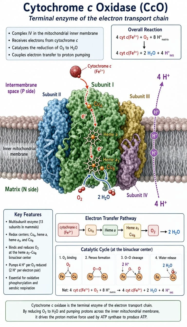 Terminal enzyme of the electron transport chain: Cytochrome c Oxidase (CcO).
