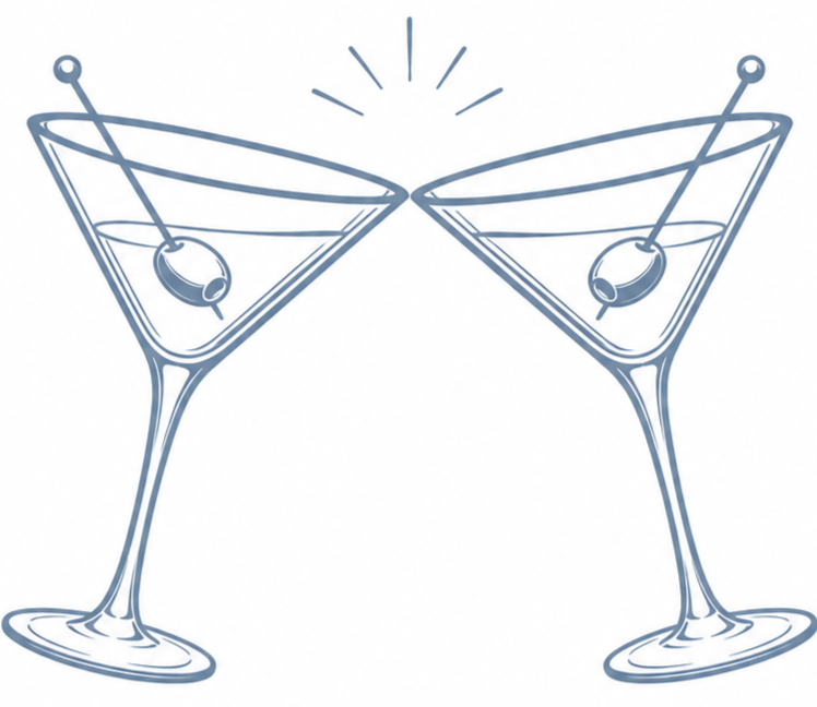 Two martini glasses with olives clinking together in a toast.