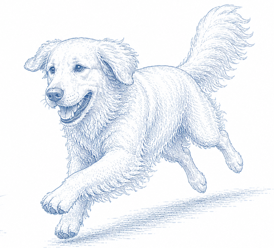 Line drawing of a dog running towards the viewer with a happy expression.