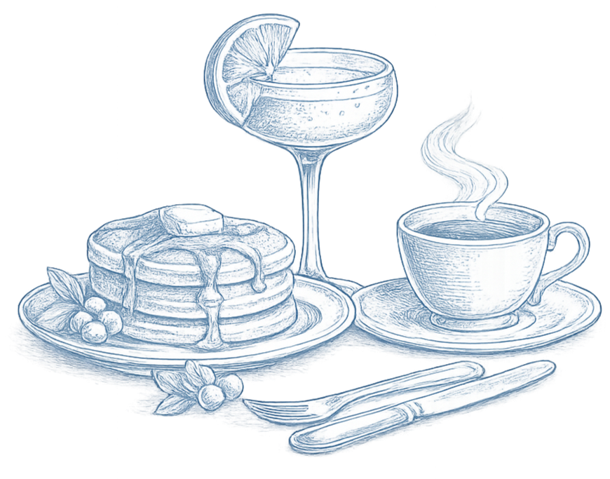 Hand-drawn illustration of a breakfast scene with a stack of pancakes topped with syrup and a pat of butter, garnished with berries, a steaming cup of coffee, and a glass of lemon water, with a spoon and knife.